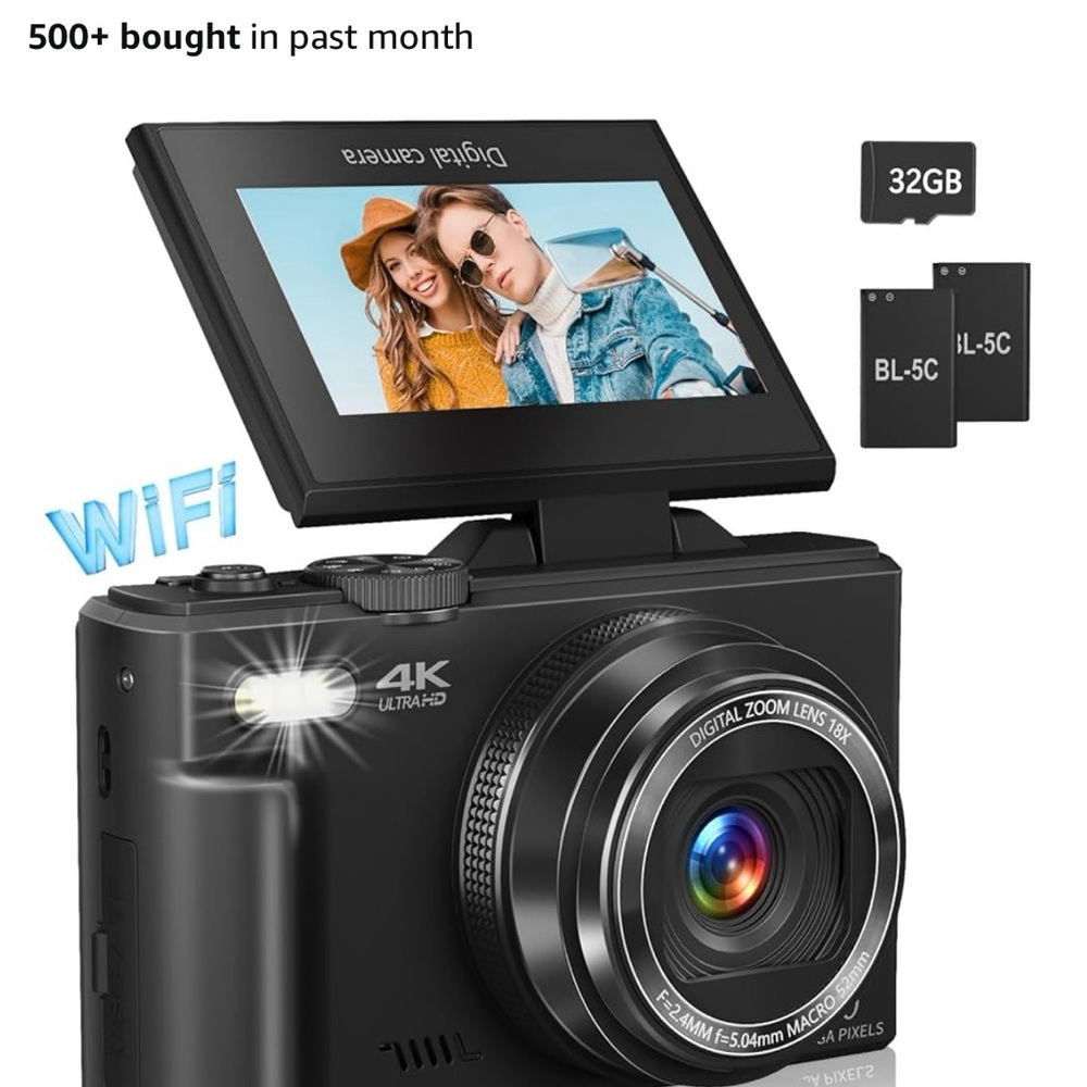 4K Ultra HD Digital Camera with Flip Screen - Black